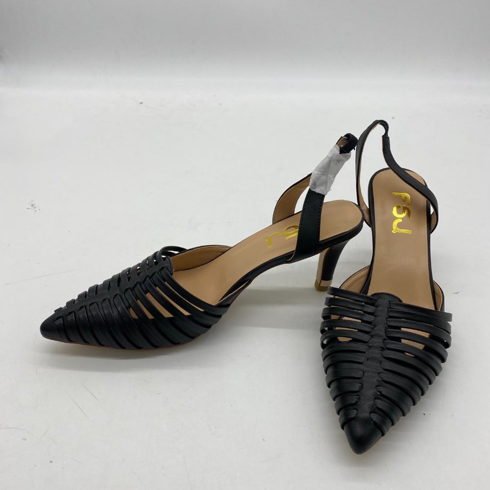 FSJ Black Pointy Toe Cutout Mid Heel Slingback Sandal Dress Shoes